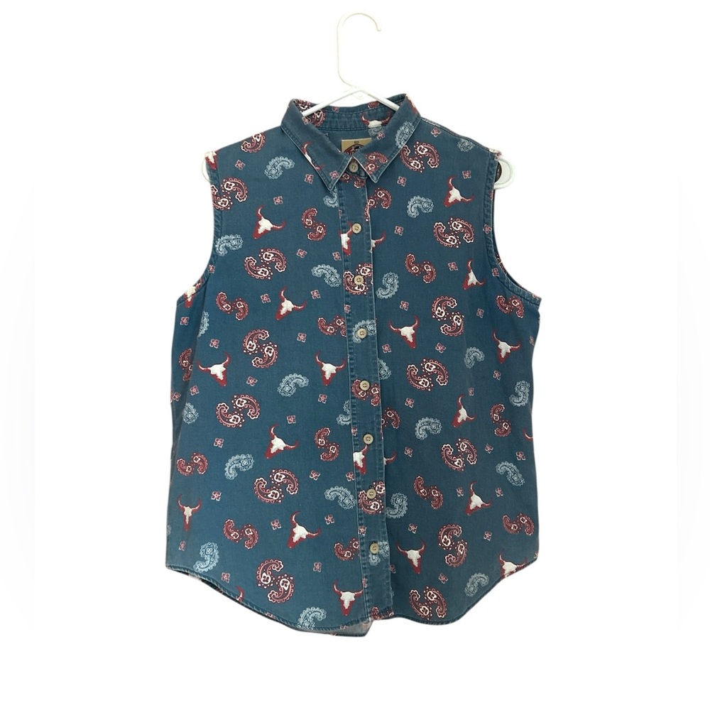 Vintage BarnFly Women’s Sleeveless Button Up Western Paisley Steer Skull Size L